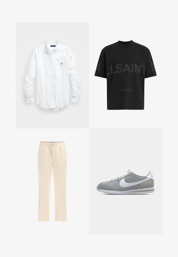 White long-sleeve button-up shirt in cotton. Features a classic collar, button cuffs, and a small navy embroidered logo on the chest.; Black cotton t-shirt with a relaxed fit, featuring a large tonal "ALLSAINTS" design and "LONDON" text on the front. Short sleeves, round neck.; Beige sweatpants made of soft fabric with an elastic waistband, drawstring, and side pockets. Straight-leg design with a smooth texture.; Gray athletic shoe with a suede and textile upper, white Nike swoosh, and white laces. Features a textured rubber sole and padded collar.
