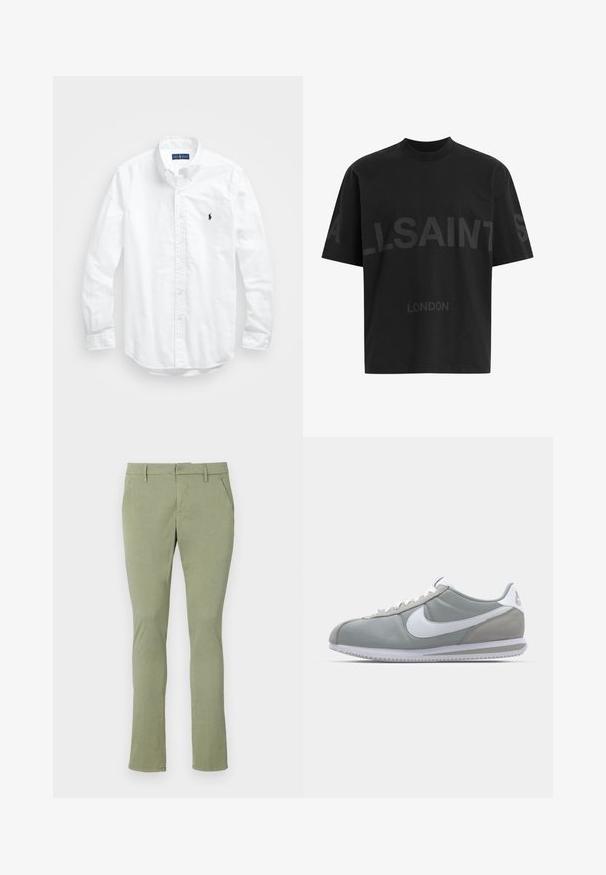 Bela dolg rokav srajca s gumbi iz bombaža. Ima klasičen ovratnik, gumbnice na zapestjih in majhen temno moder vezen logotip na prsih.; Črna oversize majica s短kimi rokavi z temno sivo napisano besedo "ALLSAINTS" čez prsi in "LONDON" v manjših črkah spodaj.; Svetlo zeleni chinos hlače s ozkim krojem, izdelane iz mehkega blaga. Imajo ravno sprednjo stran, dve stranski žep in klasičen pas brez okrasnih elementov.; Sive tenisice za šport z zgornjim delom iz semiša in tekstila, belim Nike swooshom in belimi vezalkami. Imajo strukturirano gumijasto podplat in oblazinjen ovratnik.