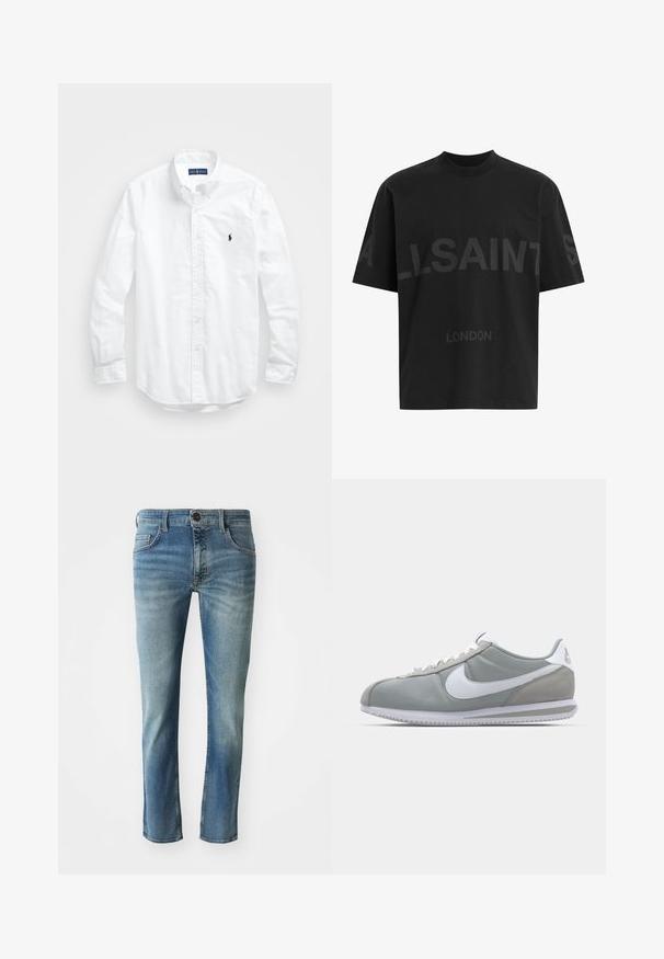 Cămașă albă cu mânecă lungă și nasturi din bumbac. Are un guler clasic, manșete cu nasturi și un mic logo brodat în navy pe piept.; Cămășă oversized neagră cu text de culoare gri închis "ALLSAINTS" pe piept și "LONDON" în litere mai mici dedesubt.; Jeans din denim de culoare albastru deschis, cu croială dreaptă, ușor decolorate pe picioare, design cu cinci buzunare și închidere cu buton la talie.; Pantofii sport gri au un superior din suede și textil, cu simbolul Nike alb și șireturi albe. Dispun de o talpă din cauciuc texturat și un guler căptușit.
