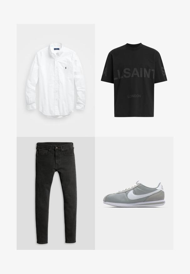 Hvit langermet skjorte i bomull med knapper. Har en klassisk krage, knappe mansjetter og en liten marineblå brodert logo på brystet.; Svart oversized T-skjorte med mørkegrå "ALLSAINTS" tekst over brystet og "LONDON" i mindre bokstaver under.; Slanke svarte jeans i denim med matt finish, fem-lommers design og klassisk knapp- og glidelåslukking.; Grå idrettssko med overdel i semsket skinn og tekstil, hvit Nike swoosh og hvite snøringer. Har en teksturert gummisåle og polstret krage.