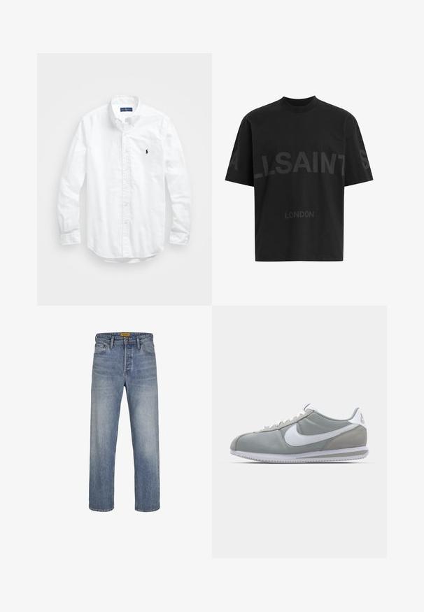 Bela dolg rokav srajca s gumbi iz bombaža. Ima klasičen ovratnik, gumbnice na zapestjih in majhen temno moder vezen logotip na prsih.; Črna oversize majica s短kimi rokavi z temno sivo napisano besedo "ALLSAINTS" čez prsi in "LONDON" v manjših črkah spodaj.; Svijetloplave traperice ravnog kroja, s izblijedjelim pranjem, dizajnom s pet džepova, petljama za remen i zatvaranjem na patentni zatvarač s dugmetom.; Sive tenisice za šport z zgornjim delom iz semiša in tekstila, belim Nike swooshom in belimi vezalkami. Imajo strukturirano gumijasto podplat in oblazinjen ovratnik.