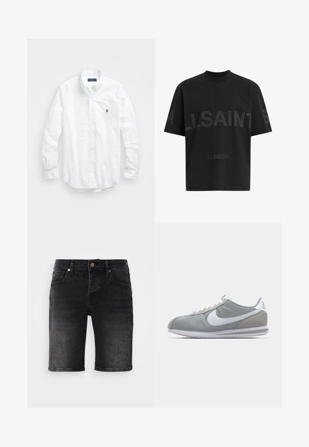 Valkoinen pitkähihaisessa napitetussa paidassa, joka on valmistettu puuvillasta. Siinä on klassinen kaulus, napilliset hihansuut ja pieni tummansininen brodeerattu logo rinnassa.; Mustat ylisuuret T-paidat, joissa on tummanharmaa "ALLSAINTS" -teksti rinnassa ja "LONDON" pienemmillä kirjaimilla alapuolella.; Mustat farkkushortsit suoralinjalla, viiden taskun designilla ja erottuvalla ompelulla. Varustettu metallinappilla ja tummalla pesutekstuurilla.; Harmaa urheilujalkine, jossa on mokka- ja tekstiilipäällinen, valkoinen Nike-tikkukiinnitys ja valkoiset nauhat. Varusteena on kuvioitu kumipohja ja pehmustettu nilkkaosa.