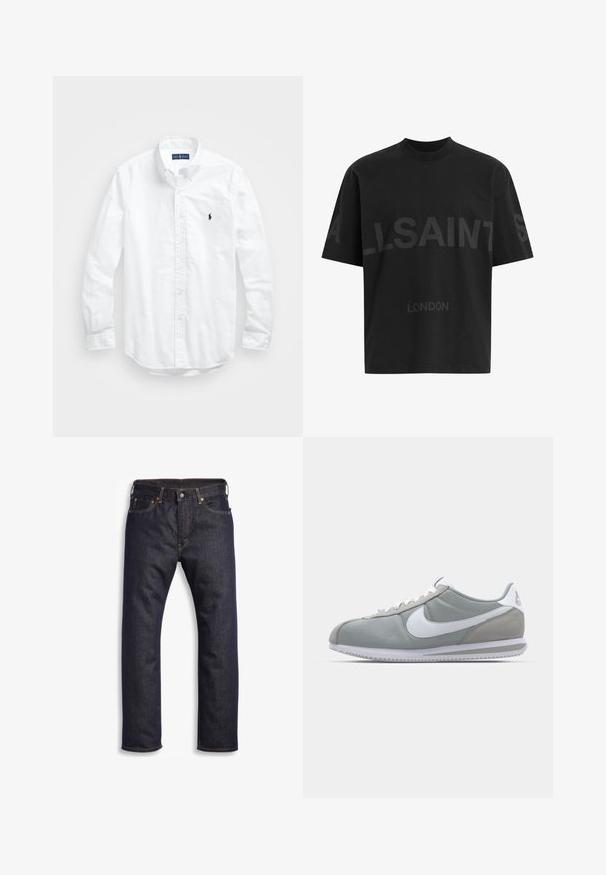 Vit långärmad skjorta i bomull med knappar. Har en klassisk krage, knappmanchetter och en liten broderad logotyp i marinblått på bröstet.; Svart oversized T-shirt med mörkgrå "ALLSAINTS"-text över bröstet och "LONDON" i mindre bokstäver nedanför.; Mörkblå denimjeans med rak passform, femficksdesign, metallkomponenter och kontrasterande orange sömmar. Slät textur, inga synliga mönster.; Grå idrottssko med ovandel i mocka och textil, vit Nike-swoosh och vita snören. Har en texturerad gummisula och vadderad krage.