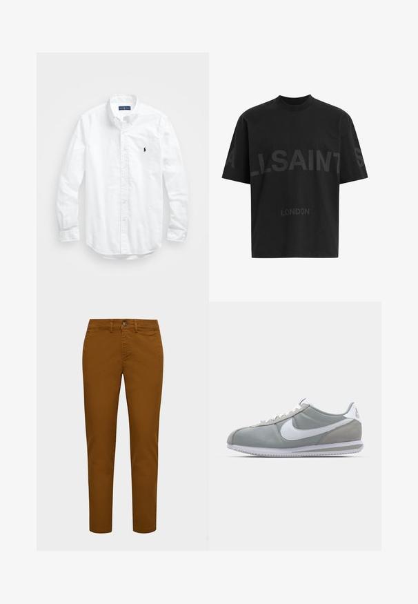 Camisa de botões de manga longa branca em algodão. Apresenta um colarinho clássico, punhos com botão e um pequeno logótipo bordado em azul-marinho no peito.; T-shirt oversized preta com texto em cinza escuro "ALLSAINTS" ao longo do peito e "LONDRES" em letras menores abaixo.; Chinos em algodão castanho com um corte slim, apresentando um fecho frontal com botão e passantes para cinto. Textura suave e pernas estreitas.; Sapatilha atlética cinza com um cabedal em camurça e têxtil, símbolo Nike branco e atacadores brancos. Apresenta uma sola de borracha texturizada e colarinho acolchoado.