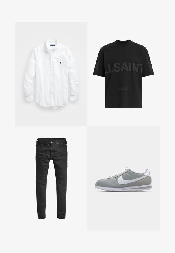 Λευκό πουκάμισο μακριά μανίκια με κουμπιά από βαμβάκι. Διαθέτει κλασικό γιακά, κουμπιά στα μανίκια και μικρό ναυτικό κεντημένο λογότυπο στο στήθος.; Μαύρο oversized T-shirt με σκούρο γκρι κείμενο «ALLSAINTS» στο στήθος και «LONDON» σε μικρότερα γράμματα από κάτω.; Μαύρα εφαρμοστά τζιν παντελόνια με μπροστινές τσέπες, θήκες ζώνης και κούμπωμα με κουμπί, εκτεθειμένα σε λευκό φόντο.; Γκρι αθλητικό παπούτσι με επάνω μέρος από σουέτ και υφασμάτινο υλικό, λευκή σήμανση Nike, και λευκά κορδόνια. Διαθέτει αεριζόμενο καουτσούκ σόλα και επενδεδυμένο κολάρο.
