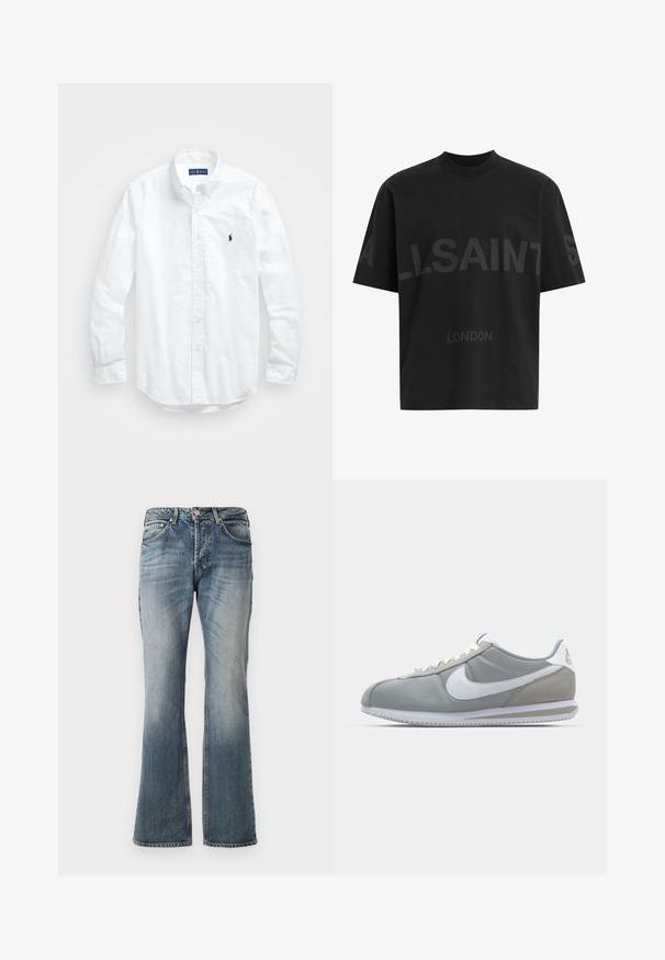 Fehér, hosszú ujjú, gombos férfiing pamutból. Klasszikus gallérral, gombos mandzsettával és egy kis sötétkék hímzett logóval a mellrészen.; Fekete, túlméretes póló sötétszürke "ALLSAINTS" felirattal a mellkason, alatta kisebb betűkkel "LONDON" felirattal.; Kék, elhalványult farmernadrág enyhe kiálló lábbal, öt zsebes dizájnnal és gombos zárással a deréknál.; Szürke sportcipő velúr és textil felsőrésszel, fehér Nike pipa logóval és fehér fűzőkkel. Jellemzője egy texturált gumi talp és párnázott bokarész.