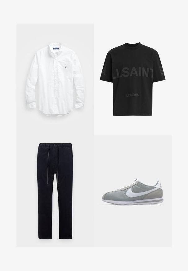 White long-sleeve button-up shirt in cotton. Features a classic collar, button cuffs, and a small navy embroidered logo on the chest.; Black oversized T-shirt with dark grey "ALLSAINTS" text across chest and "LONDON" in smaller letters below.; Navy corduroy pants with a textured surface, straight legs, elastic waistband, drawstring, and front pockets.; Gray athletic shoe with a suede and textile upper, white Nike swoosh, and white laces. Features a textured rubber sole and padded collar.