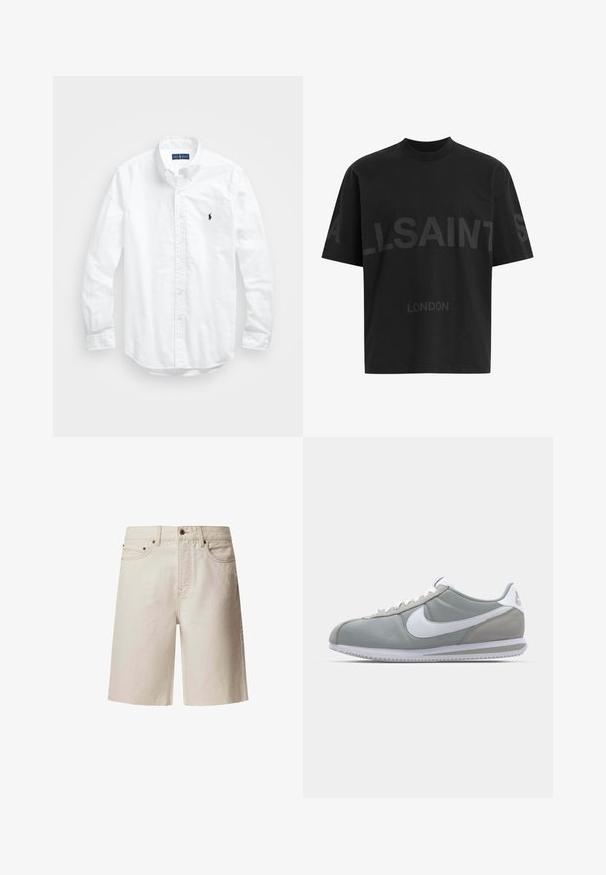 Biele dlhé rukávy košele so zapínaním na gombíky z bavlny. Má klasický golier, gombíkové manžety a malú tmavomodrú vyšitú logo na hrudi.; Čierne pánske oversized tričko s tmavosivým textom "ALLSAINTS" cez hruď a menšími písmenami "LONDON" pod ním.; Bežové denimové šortky so rovnými nohavicami, piatimi vreckami, horným gombíkom a pútkami na opasok. Hladká textúra s jemnými švovými detailmi.; Sivé športové tenisky s vrchom z semišu a textilu, bielym logom Nike a bielymi šnúrkami. Majú štruktúrovanú gumenú podrážku a polstrovaný golier.