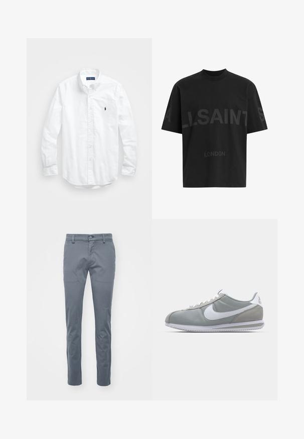 Camicia bianca a maniche lunghe con bottoni in cotone. Presenta un colletto classico, polsini a bottone e un piccolo logo ricamato in blu navy sul petto.; T-shirt nero oversize con il testo grigio scuro "ALLSAINTS" sul petto e "LONDON" in lettere più piccole sottostante.; Pantaloni grigi su misura realizzati in tessuto tessuto, con fronte piatto, vita standard con passanti per cintura e gambe dritte a vestibilità slim.; Scarpa sportiva grigia con tomaia in camoscio e tessuto, swoosh Nike bianco e lacci bianchi. Presenta una suola in gomma testurizzata e un collare imbottito.
