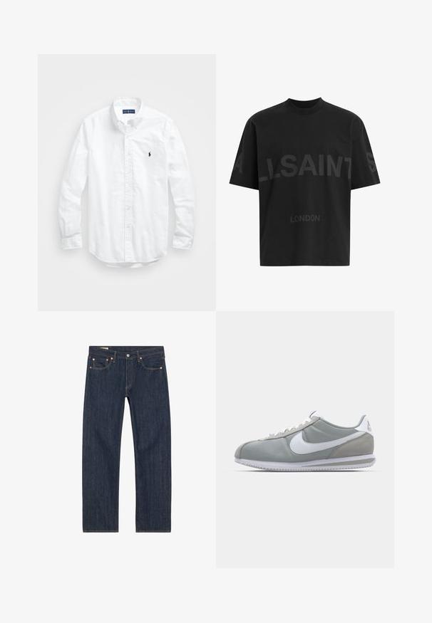 Bela dolg rokav srajca s gumbi iz bombaža. Ima klasičen ovratnik, gumbnice na zapestjih in majhen temno moder vezen logotip na prsih.; Črna oversize majica s短kimi rokavi z temno sivo napisano besedo "ALLSAINTS" čez prsi in "LONDON" v manjših črkah spodaj.; Temno modri jeans s ravnim krojem, ki vključujejo bakrene zakovice, rumeno niti in sprednje žepe. Gladka tekstura z minimalnimi oblikovalskimi podrobnostmi.; Sive tenisice za šport z zgornjim delom iz semiša in tekstila, belim Nike swooshom in belimi vezalkami. Imajo strukturirano gumijasto podplat in oblazinjen ovratnik.