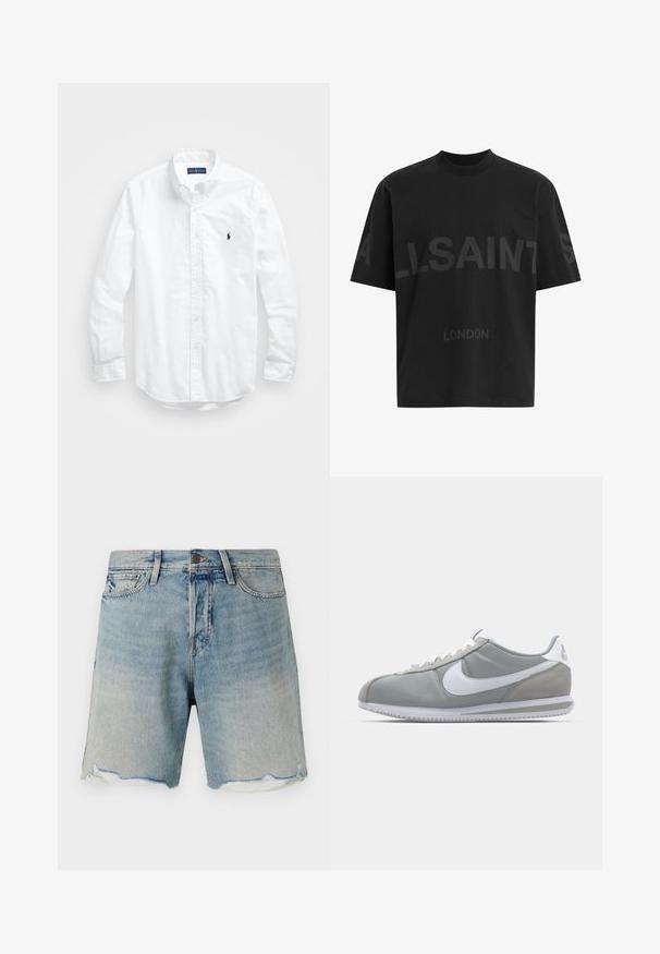 Bela dolg rokav srajca s gumbi iz bombaža. Ima klasičen ovratnik, gumbnice na zapestjih in majhen temno moder vezen logotip na prsih.; Črna oversize majica s短kimi rokavi z temno sivo napisano besedo "ALLSAINTS" čez prsi in "LONDON" v manjših črkah spodaj.; Denim kratke hlače v svetlo modri barvi z zbledelim zaključkom. Imajo raztrgan rob in standardno zasnovo s petimi žepi. Kovinsko gumbno zapiranje v pasu.; Sive tenisice za šport z zgornjim delom iz semiša in tekstila, belim Nike swooshom in belimi vezalkami. Imajo strukturirano gumijasto podplat in oblazinjen ovratnik.