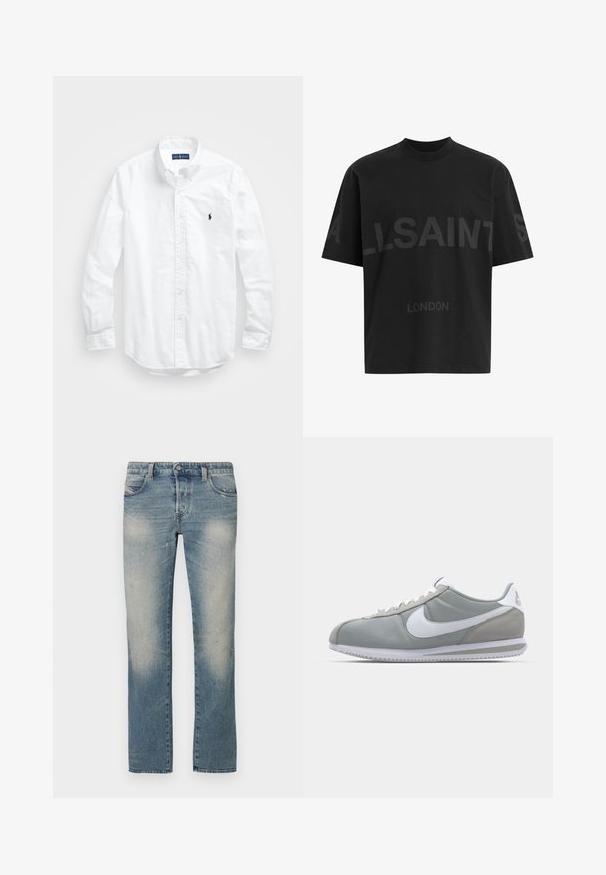 Valge pikkade varrukatega kotitõmblusega särk puuvillast. Omab klassikalist kraed, nööpidega mansette ja väikest tumesinist tikandit rinnal.; Musthave suuruses must T-särk tumedatest halli "ALLSAINTS" tekstiga rinnal ja väiksemate tähtedega all "LONDON".; Hele sinised sirgele lõikele teksapüksid, kustutatud aladega, viie taskuga ja nööpkinnitusega. Kangal on kerge kulumise ja kulumisjälgede efekt.; Hallitus hallikets pro piletse ja teki, valge Nike swoosh ja valged paelad. Omab tekstuuriga kummitalda ja polsterdatud krae.