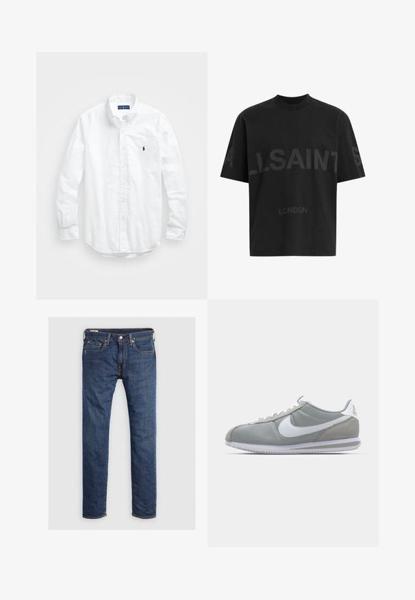 Fehér, hosszú ujjú, gombos férfiing pamutból. Klasszikus gallérral, gombos mandzsettával és egy kis sötétkék hímzett logóval a mellrészen.; Fekete, túlméretes póló sötétszürke "ALLSAINTS" felirattal a mellkason, alatta kisebb betűkkel "LONDON" felirattal.; Sötétkék farmer nadrág egyenes szabással, gombos záródással, öt zsebbel és kontrasztos narancssárga varrási részletekkel.; Szürke sportcipő velúr és textil felsőrésszel, fehér Nike pipa logóval és fehér fűzőkkel. Jellemzője egy texturált gumi talp és párnázott bokarész.