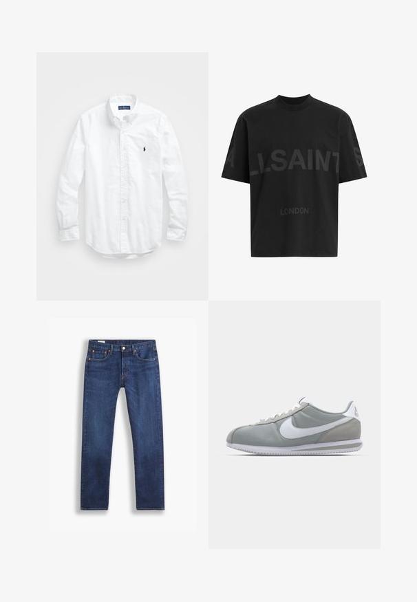 Bílá košile s dlouhým rukávem a knoflíkovým zapínáním vyrobená z bavlny. Má klasický límec, knoflíkové manžety a malé námořnické vyšívané logo na hrudi.; Černé oversized tričko s tmavě šedým nápisem "ALLSAINTS" na hrudi a menším textem "LONDON" pod ním.; Tmavě modré jeansy rovného střihu s klasickým pětinásobným stylovým uspořádáním a zapínáním na knoflík, zobrazené na bílém pozadí.; Šedá sportovní bota s svrchní částí z semiše a textilu, bílým logem Nike a bílými tkaničkami. Obsahuje texturovanou gumovou podrážku a polstrovaný límec.