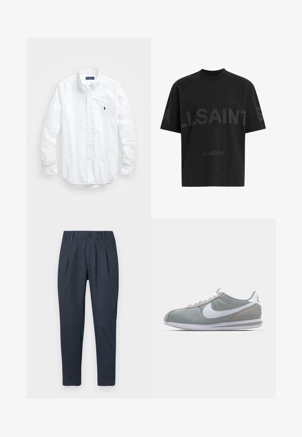 Bílá košile s dlouhým rukávem a knoflíkovým zapínáním vyrobená z bavlny. Má klasický límec, knoflíkové manžety a malé námořnické vyšívané logo na hrudi.; Černé oversized tričko s tmavě šedým nápisem "ALLSAINTS" na hrudi a menším textem "LONDON" pod ním.; Tmavě modré kalhoty s texturovanou tkaninou, plochým předním dílem a zúženým střihem nohou. Mají zapínání na knoflík a boční kapsy.; Šedá sportovní bota s svrchní částí z semiše a textilu, bílým logem Nike a bílými tkaničkami. Obsahuje texturovanou gumovou podrážku a polstrovaný límec.