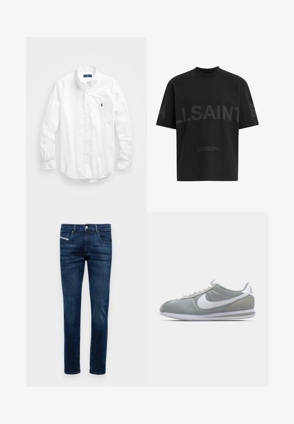 Vit långärmad skjorta i bomull med knappar. Har en klassisk krage, knappmanchetter och en liten broderad logotyp i marinblått på bröstet.; Svart oversized T-shirt med mörkgrå "ALLSAINTS"-text över bröstet och "LONDON" i mindre bokstäver nedanför.; Mörkblå slim-fit jeans för män med fem fickor, knappstängning och subtila urtvättningar på låren och knäna.; Grå idrottssko med ovandel i mocka och textil, vit Nike-swoosh och vita snören. Har en texturerad gummisula och vadderad krage.