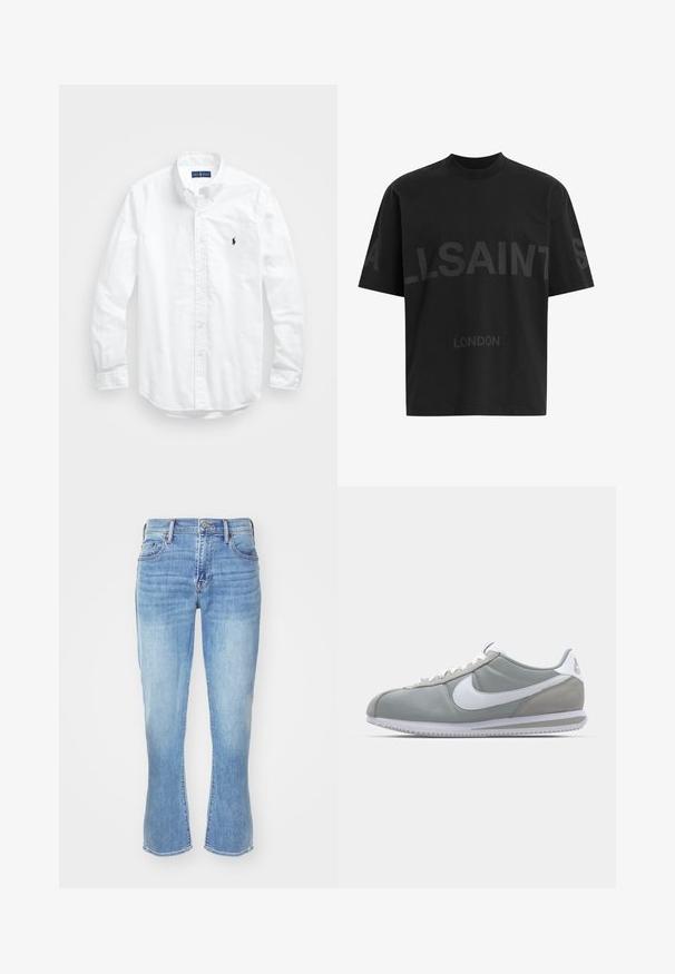 White long-sleeve button-up shirt in cotton. Features a classic collar, button cuffs, and a small navy embroidered logo on the chest.; Black cotton t-shirt with a relaxed fit, featuring a large tonal "ALLSAINTS" design and "LONDON" text on the front. Short sleeves, round neck.; Light blue denim jeans with a straight fit, flared leg openings, five-pocket design, and subtle fading near the knees and thighs.; Gray athletic shoe with a suede and textile upper, white Nike swoosh, and white laces. Features a textured rubber sole and padded collar.