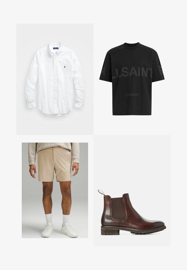 Balta ilga rankovė mygtukų marškiniai iš medvilnės. Pasižymi klasikinėmis apykaklėmis, mygtukų rankogaliais ir mažuoju tamsiai mėlynu siuviniu su logotipu ant krūtinės.; Juodas per didelis marškinėliai su tamsiai pilku „ALLSAINTS“ tekstu krūtinėje ir „LONDON“ mažesnėmis raidėmis žemiau.; Šviesiai pilkos šortai, pagaminti iš lengvos medžiagos, su lygia priekiu, šoniniais kišenėmis ir mygtuko uždarymu. Dėvimi su baltais sportbačiais ir kojinėmis.; Rudos odinės Chelsea botai su elastiniais šonų paneleis, traukimo juosta ir tekstūruotu guminiu padu. Lygus paviršius su tvirtu žemu kulnu.