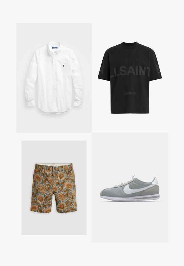 White long-sleeve button-up shirt in cotton. Features a classic collar, button cuffs, and a small navy embroidered logo on the chest.; Black oversized T-shirt with dark grey "ALLSAINTS" text across chest and "LONDON" in smaller letters below.; Patterned shorts featuring a blue background with floral designs in brown, orange, and cream. Made from cotton with a button closure.; Gray athletic shoe with a suede and textile upper, white Nike swoosh, and white laces. Features a textured rubber sole and padded collar.