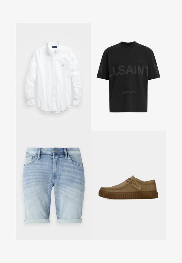Biała, bawełniana koszula z długim rękawem zapinana na guziki. Posiada klasyczny kołnierzyk, mankiety zapinane na guziki oraz małe, granatowe, haftowane logo na klatce piersiowej.; Czarna, oversize koszulka z ciemnoszarym napisem "ALLSAINTS" na piersi oraz słowem "LONDON" mniejszymi literami poniżej.; Jasnoniebieskie szorty dżinsowe z ulżonym wykończeniem, z podwiniętymi nogawkami, kieszeniami z przodu oraz metalowym zapięciem na guzik w talii.; Jasnobrązowe zamszowe buty z okrągłym noskiem, z przeszyciami i brązową gumową podeszwą o żebrowanej fakturze. Posiadają boczną metkę z logo "Clarks".