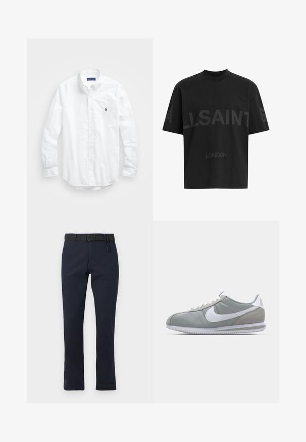 Biała, bawełniana koszula z długim rękawem zapinana na guziki. Posiada klasyczny kołnierzyk, mankiety zapinane na guziki oraz małe, granatowe, haftowane logo na klatce piersiowej.; Czarna, oversize koszulka z ciemnoszarym napisem "ALLSAINTS" na piersi oraz słowem "LONDON" mniejszymi literami poniżej.; Granatowe spodnie o prostym kroju, wykonane z trwałego materiału. Posiadają czarny pasek i prosty design bez wzorów.; Szare buty sportowe z cholewką z zamszu i tekstyliów, białym logo Nike i białymi sznurówkami. Posiadają teksturowaną gumową podeszwę i wyściełany kołnierz.