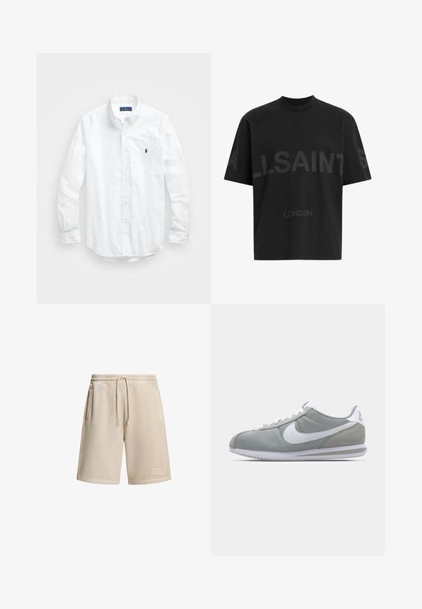 Biała, bawełniana koszula z długim rękawem zapinana na guziki. Posiada klasyczny kołnierzyk, mankiety zapinane na guziki oraz małe, granatowe, haftowane logo na klatce piersiowej.; Czarny bawełniany t-shirt o luźnym kroju, z dużym tonalnym napisem "ALLSAINTS" i tekstem "LONDON" na przodzie. Krótkie rękawy, okrągły dekolt.; Beżowe szorty wykonane z mieszanki bawełny z elastycznym pasem w talii i sznurkiem, z dwoma bocznymi kieszeniami i małą naszywką z logo na dolnym brzegu.; Szare buty sportowe z cholewką z zamszu i tekstyliów, białym logo Nike i białymi sznurówkami. Posiadają teksturowaną gumową podeszwę i wyściełany kołnierz.