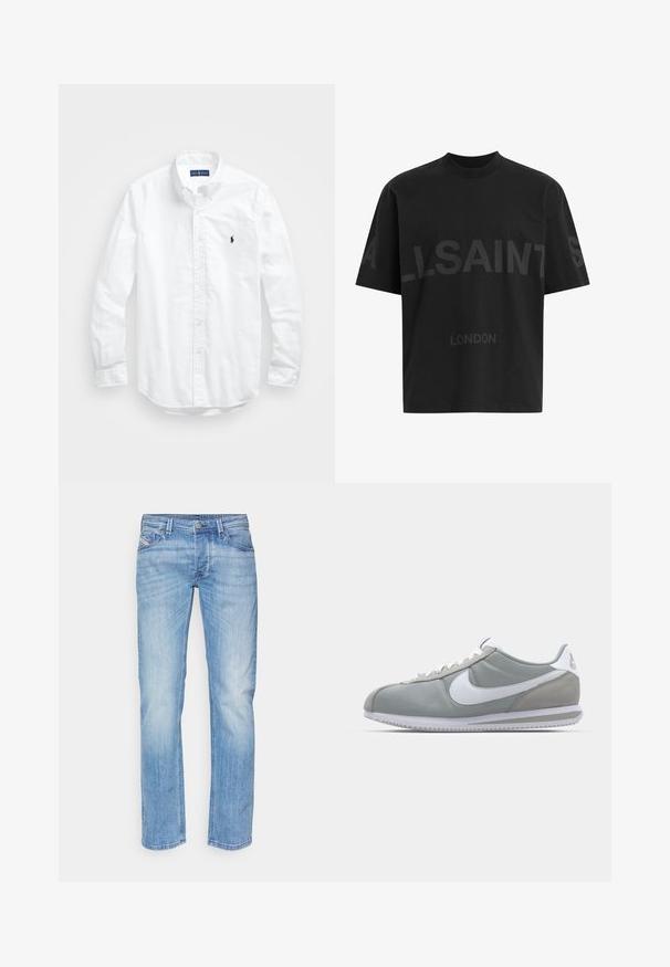 Cămașă albă cu mânecă lungă și nasturi din bumbac. Are un guler clasic, manșete cu nasturi și un mic logo brodat în navy pe piept.; Cămășă oversized neagră cu text de culoare gri închis "ALLSAINTS" pe piept și "LONDON" în litere mai mici dedesubt.; Blugi din denim drept, de culoare albastru deschis, cu buton și fermoar frontal, cu curea și buzunare frontale, pe un fundal alb.; Pantofii sport gri au un superior din suede și textil, cu simbolul Nike alb și șireturi albe. Dispun de o talpă din cauciuc texturat și un guler căptușit.