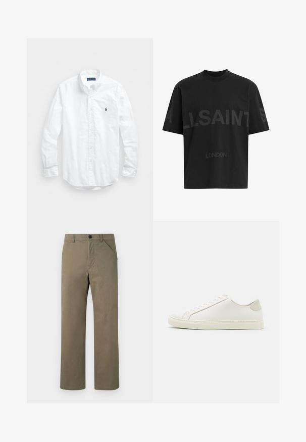 Vit långärmad skjorta i bomull med knappar. Har en klassisk krage, knappmanchetter och en liten broderad logotyp i marinblått på bröstet.; Svart t-shirt i bomull med avslappnad passform, med en stor ton-i-ton "ALLSAINTS" design och texten "LONDON" på framsidan. Kortärmad, rund hals.; Ljust olivgröna byxor i slitet och hållbart tyg. Har en knapp- och dragkedjestängning, sidofickor och en rak bendesign.; Vita lädersneakers med en slät yta, rund tå och minimalistisk design. Har beige detaljer vid hälen och en gummisula.