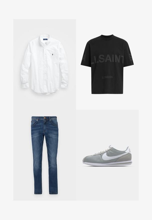 Bílá košile s dlouhým rukávem a knoflíkovým zapínáním vyrobená z bavlny. Má klasický límec, knoflíkové manžety a malé námořnické vyšívané logo na hrudi.; Černé oversized tričko s tmavě šedým nápisem "ALLSAINTS" na hrudi a menším textem "LONDON" pod ním.; Tmavě modré džíny z denimu se střihy rovného nohavice, pěti kapsami, jemným vyblednutím, kontrastním šitím a zapínáním na knoflík v pase.; Šedá sportovní bota s svrchní částí z semiše a textilu, bílým logem Nike a bílými tkaničkami. Obsahuje texturovanou gumovou podrážku a polstrovaný límec.