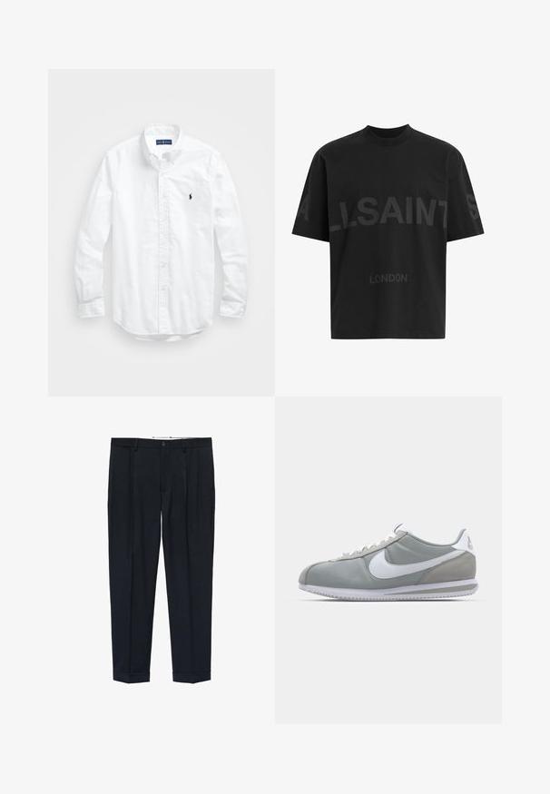 Bílá košile s dlouhým rukávem a knoflíkovým zapínáním vyrobená z bavlny. Má klasický límec, knoflíkové manžety a malé námořnické vyšívané logo na hrudi.; Černé oversized tričko s tmavě šedým nápisem "ALLSAINTS" na hrudi a menším textem "LONDON" pod ním.; Námořnické kalhoty vyrobené z látky s hladkým povrchem, s dvojitými předními záhyby, zapínáním na knoflík a manžetami na nohavicích.; Šedá sportovní bota s svrchní částí z semiše a textilu, bílým logem Nike a bílými tkaničkami. Obsahuje texturovanou gumovou podrážku a polstrovaný límec.