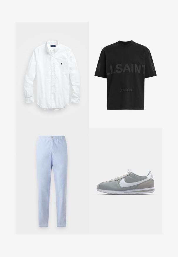 Bela dolg rokav srajca s gumbi iz bombaža. Ima klasičen ovratnik, gumbnice na zapestjih in majhen temno moder vezen logotip na prsih.; Črna bombažna majica z ohlapnim krojem, z velikim tonalnim napisom "ALLSAINTS" in besedo "LONDON" na sprednji strani. Kratki rokavi, okrogel izrez.; Svetlo modre, lahke hlače z elastičnim pasom, s sprednjim gumbom in ravnim krojem. Gladka tekstura, brez vidnih vzorcev.; Sive tenisice za šport z zgornjim delom iz semiša in tekstila, belim Nike swooshom in belimi vezalkami. Imajo strukturirano gumijasto podplat in oblazinjen ovratnik.