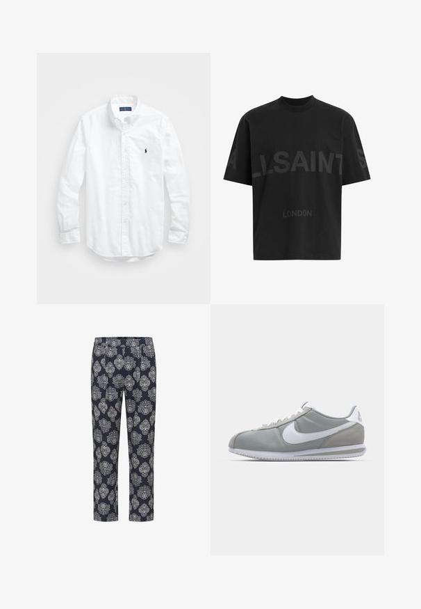 Balta garām piedurknēm pogājamā krekla izgatavots no kokvilnas. Iezīmē klasisku apkakli, poga aproces un mazu tumši zilu izšūtu logo uz krūšu.; Melna kokvilnas T-krekls ar brīvu piegriezumu, uz priekšu redzams liels toņa toni "ALLSAINTS" dizains un teksts "LONDON". Īsas piedurknes, apaļa kakla izgriezums.; Jūras flotes bikses ar baltu ziedu rakstu, elastīgu jostasvietu, šaurām kājām un vieglu auduma tekstūru. Piemērotas ikdienas valkāšanai.; Pelēkie sporta apavi ar zamša un tekstila augšu, balto Nike logotipu un baltiem šņorēm. Iezīmējas ar strukturētu gumijas zoli un mīkstu apkaklīti.