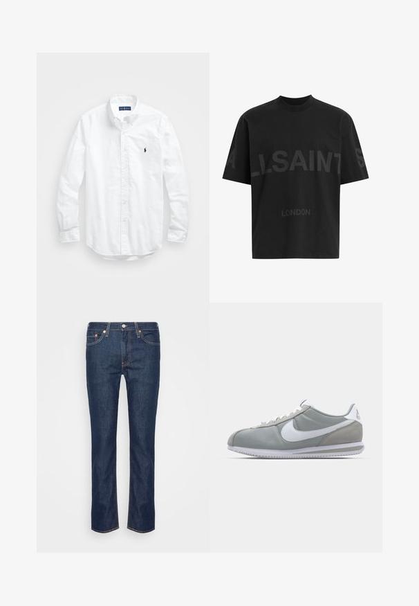 Valge pikkade varrukatega kotitõmblusega särk puuvillast. Omab klassikalist kraed, nööpidega mansette ja väikest tumesinist tikandit rinnal.; Musthave suuruses must T-särk tumedatest halli "ALLSAINTS" tekstiga rinnal ja väiksemate tähtedega all "LONDON".; Tumed sinised sirged denim teksad oranži õmblustega, viie taskuga ning ees olevate nööbi ja tõmbluku sulgemisega.; Hallitus hallikets pro piletse ja teki, valge Nike swoosh ja valged paelad. Omab tekstuuriga kummitalda ja polsterdatud krae.