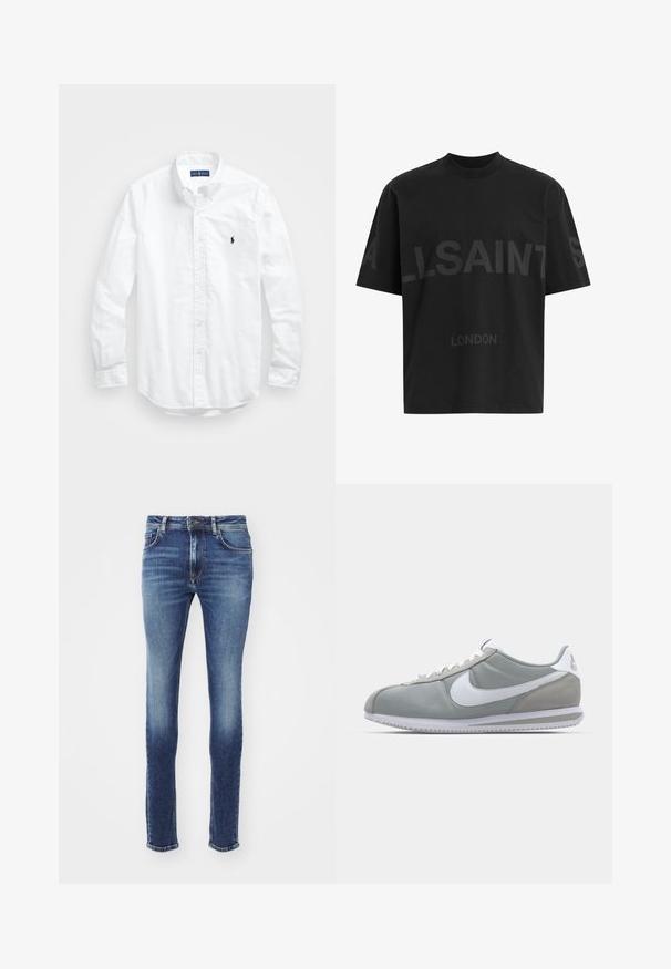 Camisa de botões de manga longa branca em algodão. Apresenta um colarinho clássico, punhos com botão e um pequeno logótipo bordado em azul-marinho no peito.; T-shirt oversized preta com texto em cinza escuro "ALLSAINTS" ao longo do peito e "LONDRES" em letras menores abaixo.; Jens de ganga azuis com um corte slim, apresentando uma cintura média, bolsos costurados e um leve desbotamento. As bainhas estão ligeiramente desgastadas.; Sapatilha atlética cinza com um cabedal em camurça e têxtil, símbolo Nike branco e atacadores brancos. Apresenta uma sola de borracha texturizada e colarinho acolchoado.