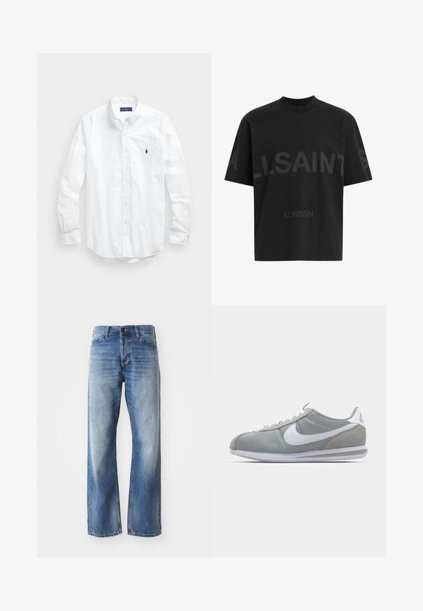 Balta garām piedurknēm pogājamā krekla izgatavots no kokvilnas. Iezīmē klasisku apkakli, poga aproces un mazu tumši zilu izšūtu logo uz krūšu.; Melna pārstrādāta T-kreklā ar tumši pelēku "ALLSAINTS" tekstu pār krūtīm un "LONDON" mazākā izmērā zem tā.; Zili džinsu taisnās kājas bikses ar vieglu nodilumu gurnos un ceļos, ar piecām kabatām un pogu aizdari.; Pelēkie sporta apavi ar zamša un tekstila augšu, balto Nike logotipu un baltiem šņorēm. Iezīmējas ar strukturētu gumijas zoli un mīkstu apkaklīti.