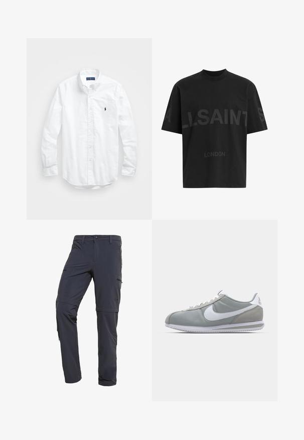 Weißes Langarm-Hemd aus Baumwolle mit Knopfleiste. Es zeichnet sich durch einen klassischen Kragen, Knopfmanschetten und ein kleines, navyblaues gesticktes Logo auf der Brust aus.; Schwarzes Baumwoll-T-Shirt mit lockerem Schnitt, vorne mit großem tonalem "ALLSAINTS"-Design und dem Schriftzug "LONDON". Kurzärmlig, rundhals.; The North Face EXPLORATION CONVERTIBLE PANT - Stoffhose - asphalt grey; Graue Sportausstattung mit einem Obermaterial aus Wildleder und Textil, weißem Nike-Swoosh und weißen Schnürsenkeln. Verfügt über eine strukturierte Gummisohle und einen gepolsterten Kragen.