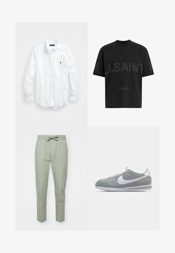 Weißes Langarm-Hemd aus Baumwolle mit Knopfleiste. Es zeichnet sich durch einen klassischen Kragen, Knopfmanschetten und ein kleines, navyblaues gesticktes Logo auf der Brust aus.; Schwarzes, übergroßes T-Shirt mit dunkelgrauem "ALLSAINTS"-Schriftzug über der Brust und "LONDON" in kleineren Buchstaben darunter.; Hellgrüne, eng zulaufende Hose mit elastischem Bund und verstellbarem Kordelzug; aus weichem, strukturiertem Stoff für hohen Tragekomfort.; Graue Sportausstattung mit einem Obermaterial aus Wildleder und Textil, weißem Nike-Swoosh und weißen Schnürsenkeln. Verfügt über eine strukturierte Gummisohle und einen gepolsterten Kragen.