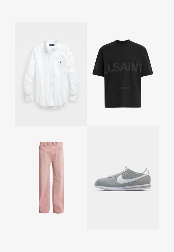Bela dolg rokav srajca s gumbi iz bombaža. Ima klasičen ovratnik, gumbnice na zapestjih in majhen temno moder vezen logotip na prsih.; Črna oversize majica s短kimi rokavi z temno sivo napisano besedo "ALLSAINTS" čez prsi in "LONDON" v manjših črkah spodaj.; AllSaints LENNY - Široke kavbojke - light pink; Sive tenisice za šport z zgornjim delom iz semiša in tekstila, belim Nike swooshom in belimi vezalkami. Imajo strukturirano gumijasto podplat in oblazinjen ovratnik.