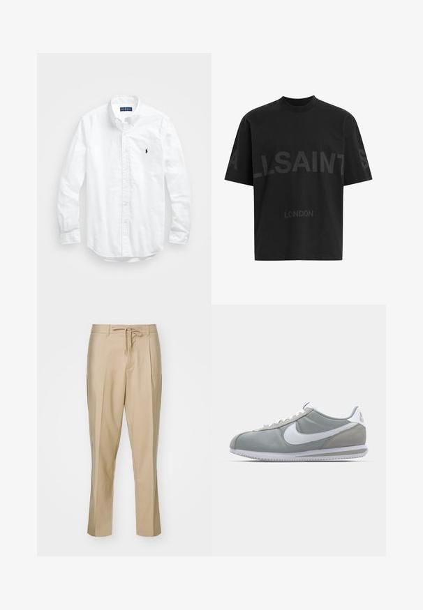 Balta ilga rankovė mygtukų marškiniai iš medvilnės. Pasižymi klasikinėmis apykaklėmis, mygtukų rankogaliais ir mažuoju tamsiai mėlynu siuviniu su logotipu ant krūtinės.; Juoda medvilninė marškinėliai laisvo kirpimo, priekyje didelis toninis užrašas "ALLSAINTS" ir tekstas "LONDON". Trumpomis rankovėmis, apvali apykaklė.; Smėlio spalvos pritaikyti kelnių kostiumai su diržo juosta, tiesios kojos ir dvi šoninės kišenės. Pagaminta iš lygaus audinio, su aštriomis klostėmis.; Pilkas sportinis batelis su zomšiniais ir tekstiliniais viršutiniais paviršiais, baltas Nike swoosh ženklas ir baltos raišteliai. Yra tekstūruotas gumos padas ir paminkštinta apykaklė.