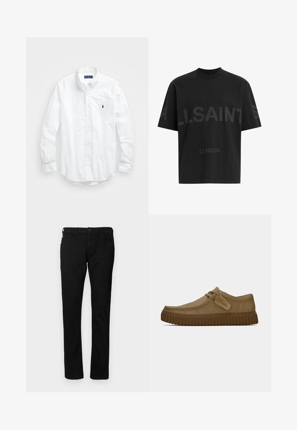 Bela dolg rokav srajca s gumbi iz bombaža. Ima klasičen ovratnik, gumbnice na zapestjih in majhen temno moder vezen logotip na prsih.; Črna oversize majica s短kimi rokavi z temno sivo napisano besedo "ALLSAINTS" čez prsi in "LONDON" v manjših črkah spodaj.; Črne denimske kavbojke s slim fit krojem, ki vključujejo sprednje žepke, zanko za pas in gumbasto zapiranje. Gladka tekstura enotne barve.; Svetlo rjave antilop čevlje z ovalnim nosom, šivi in ribasto rjavo gumijasto podplat. Ima stransko oznako z logotipom "Clarks".