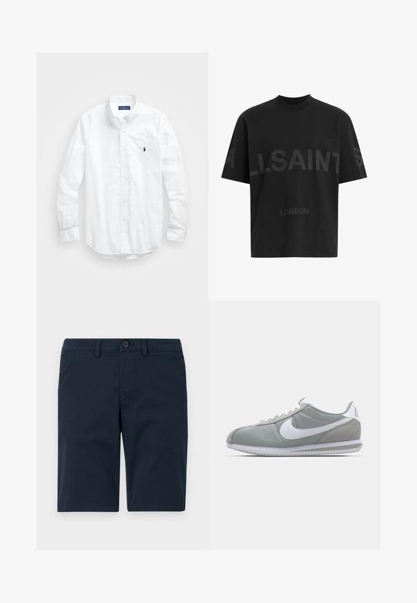Bela dolg rokav srajca s gumbi iz bombaža. Ima klasičen ovratnik, gumbnice na zapestjih in majhen temno moder vezen logotip na prsih.; Črna oversize majica s短kimi rokavi z temno sivo napisano besedo "ALLSAINTS" čez prsi in "LONDON" v manjših črkah spodaj.; Mornarsko modri kratki hlače iz mešanice bombaža, z gumbom za zapiranje, zankami za pas in ravnim robom z minimalnim okrasjem.; Sive tenisice za šport z zgornjim delom iz semiša in tekstila, belim Nike swooshom in belimi vezalkami. Imajo strukturirano gumijasto podplat in oblazinjen ovratnik.