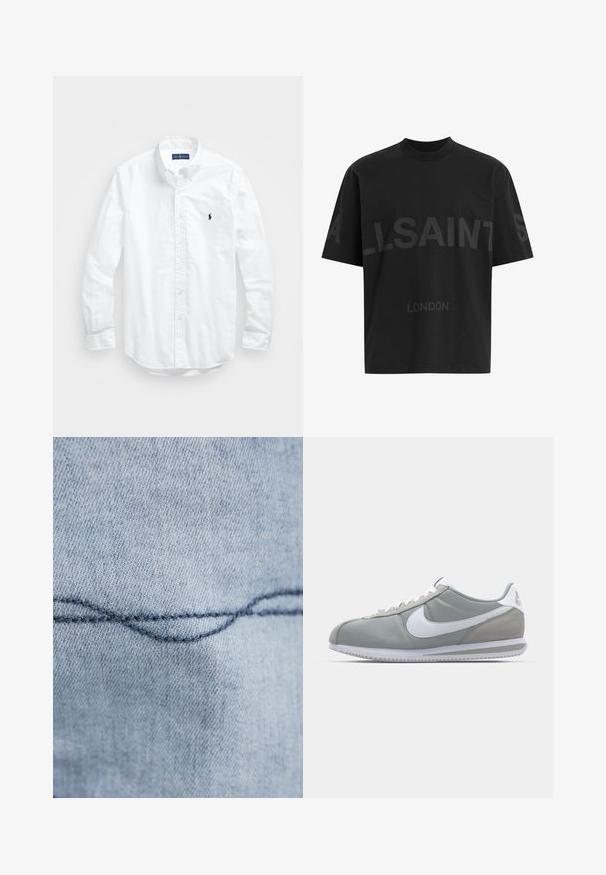 Valge pikkade varrukatega kotitõmblusega särk puuvillast. Omab klassikalist kraed, nööpidega mansette ja väikest tumesinist tikandit rinnal.; Musthave suuruses must T-särk tumedatest halli "ALLSAINTS" tekstiga rinnal ja väiksemate tähtedega all "LONDON".; Hele sinine teksakangas, millel on nähtav kõver õmblus. Tekstuur näeb välja sile ja tumedat sinist niiti kasutatakse ühtlase õmbluse jaoks.; Hallitus hallikets pro piletse ja teki, valge Nike swoosh ja valged paelad. Omab tekstuuriga kummitalda ja polsterdatud krae.