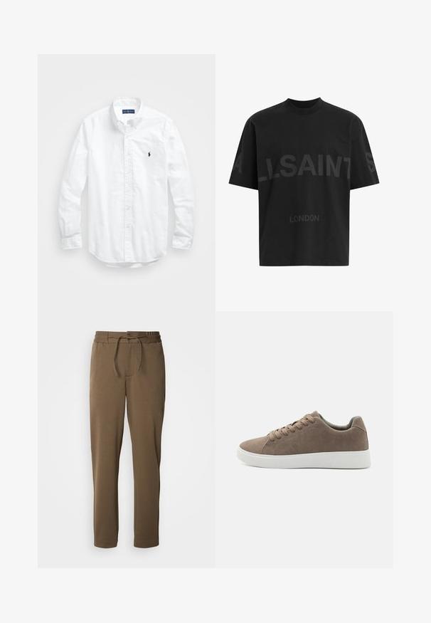 Bijela košulja dugih rukava s gumbima izrađena od pamuka. Ima klasični ovratnik, gumbaste manžete i mali brodasti logo u tamnoplavoj boji na prsima.; Crna majica od pamuka opuštenog kroja s velikim toniranim natpisom "ALLSAINTS" i tekstom "LONDON" na prednjoj strani. Kratki rukavi, okrugli izrez.; Smeđi, suženi trenirke s elastičnim strukom i vezicom. Mekana, glatka tekstura, s bočnim džepovima i jednostavnim dizajnom.; Smeđe ante cipele s ravnim bijelim gumennim potplatima, dizajnom s vezicama, zaobljenim vrhom i glatkom teksturom. Minimalistički stil s suptilnim detaljima šivanja.