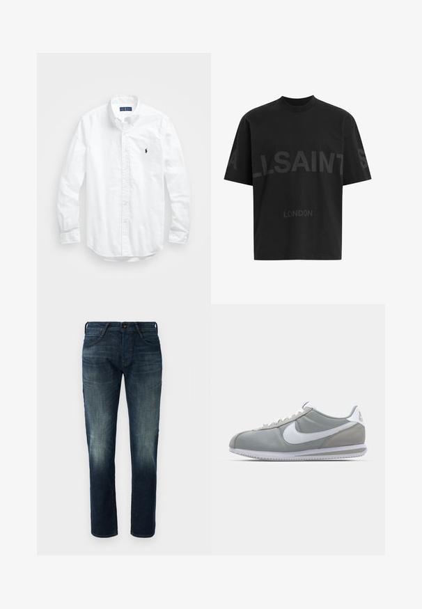 Valge pikkade varrukatega kotitõmblusega särk puuvillast. Omab klassikalist kraed, nööpidega mansette ja väikest tumesinist tikandit rinnal.; Musthave suuruses must T-särk tumedatest halli "ALLSAINTS" tekstiga rinnal ja väiksemate tähtedega all "LONDON".; Tumed sinised sirged denim püksid, millel on kerged pleekimised reitel ja põlvedel, esipoolne nööp ja tõmblukk, ning viis taskut.; Hallitus hallikets pro piletse ja teki, valge Nike swoosh ja valged paelad. Omab tekstuuriga kummitalda ja polsterdatud krae.