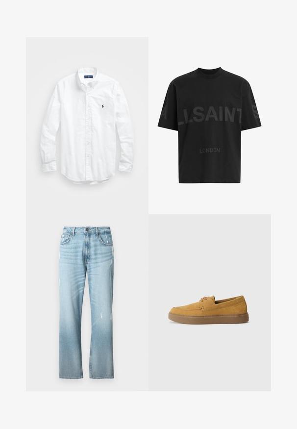 Valge pikkade varrukatega kotitõmblusega särk puuvillast. Omab klassikalist kraed, nööpidega mansette ja väikest tumesinist tikandit rinnal.; Musthave suuruses must T-särk tumedatest halli "ALLSAINTS" tekstiga rinnal ja väiksemate tähtedega all "LONDON".; Heledad sinine teksapüksid, millel on veidi lõtv sirge lõige, kahjustatud detailid, klassikaline viie taskuga disain ja nööp sulguri.; Pruunid sametist libisemisega kingad, millel on tekstureeritud viimistlus, ümmargune varvas ja kontrastne kummitald. Pakub peent brändimist kanna lähedal.