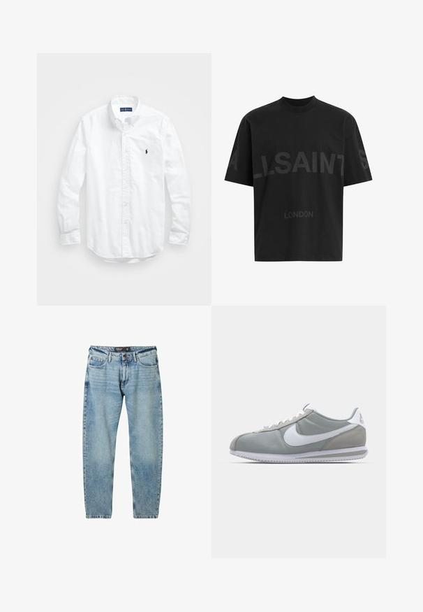 Valkoinen pitkähihaisessa napitetussa paidassa, joka on valmistettu puuvillasta. Siinä on klassinen kaulus, napilliset hihansuut ja pieni tummansininen brodeerattu logo rinnassa.; Mustat ylisuuret T-paidat, joissa on tummanharmaa "ALLSAINTS" -teksti rinnassa ja "LONDON" pienemmillä kirjaimilla alapuolella.; Vaaleansiniset farkut, joissa on löysä malli, viisi taskua ja kontrastiväriset ompeleet. Ominaisuuksiin kuuluu napin sulkeminen ja suora lahje.; Harmaa urheilujalkine, jossa on mokka- ja tekstiilipäällinen, valkoinen Nike-tikkukiinnitys ja valkoiset nauhat. Varusteena on kuvioitu kumipohja ja pehmustettu nilkkaosa.