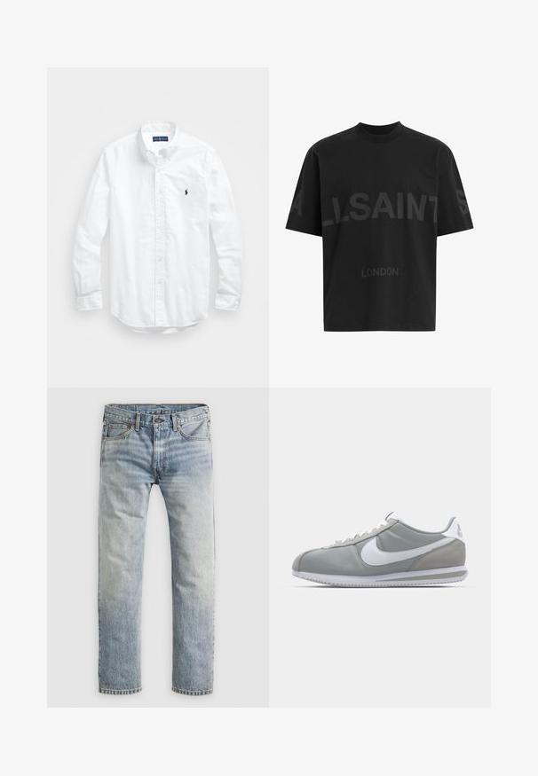 Valge pikkade varrukatega kotitõmblusega särk puuvillast. Omab klassikalist kraed, nööpidega mansette ja väikest tumesinist tikandit rinnal.; Musthave suuruses must T-särk tumedatest halli "ALLSAINTS" tekstiga rinnal ja väiksemate tähtedega all "LONDON".; Heledad helehalli sinised sirged teksad nuppude sulgemisega, ees taskud ja vöökohtadega, esitletud tasasele valgele taustale.; Hallitus hallikets pro piletse ja teki, valge Nike swoosh ja valged paelad. Omab tekstuuriga kummitalda ja polsterdatud krae.