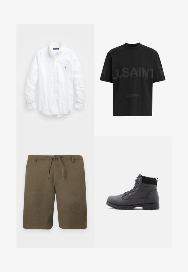 Biele dlhé rukávy košele so zapínaním na gombíky z bavlny. Má klasický golier, gombíkové manžety a malú tmavomodrú vyšitú logo na hrudi.; Čierne pánske oversized tričko s tmavosivým textom "ALLSAINTS" cez hruď a menšími písmenami "LONDON" pod ním.; Olivové ľanové šortky s plochým predným dielom, šnúrkou na páse a bočnými vreckami; textúrovaná tkanina s voľným a pohodlným strihom.; Čierne členkové topánky vyrobené z hladkého syntetického materiálu, s textúrovanou hornou časťou, šnurovacím dizajnom a odolnou gumovou podrážkou.