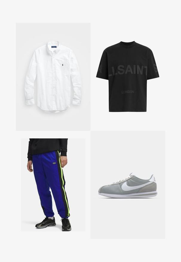 Weißes Langarm-Hemd aus Baumwolle mit Knopfleiste. Es zeichnet sich durch einen klassischen Kragen, Knopfmanschetten und ein kleines, navyblaues gesticktes Logo auf der Brust aus.; Schwarzes Baumwoll-T-Shirt mit lockerem Schnitt, vorne mit großem tonalem "ALLSAINTS"-Design und dem Schriftzug "LONDON". Kurzärmlig, rundhals.; Blaue Nylon-Trackpants mit schwarzen und neongrünen seitlichen Streifen; enthalten ein gesticktes Logo in der Nähe der Taille; elastischer Bund und Bündchen.; Graue Sportausstattung mit einem Obermaterial aus Wildleder und Textil, weißem Nike-Swoosh und weißen Schnürsenkeln. Verfügt über eine strukturierte Gummisohle und einen gepolsterten Kragen.