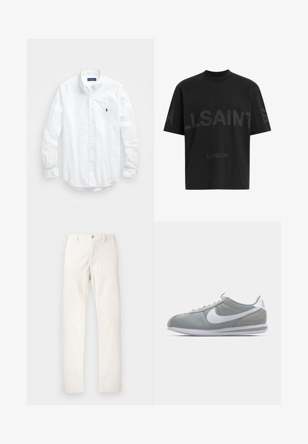 Camisa de botões de manga longa branca em algodão. Apresenta um colarinho clássico, punhos com botão e um pequeno logótipo bordado em azul-marinho no peito.; T-shirt oversized preta com texto em cinza escuro "ALLSAINTS" ao longo do peito e "LONDRES" em letras menores abaixo.; Calças de veludo cotelê brancas com corte de perna reta, apresentando fecho frontal com botão, bolsos laterais e tecido texturizado.; Sapatilha atlética cinza com um cabedal em camurça e têxtil, símbolo Nike branco e atacadores brancos. Apresenta uma sola de borracha texturizada e colarinho acolchoado.